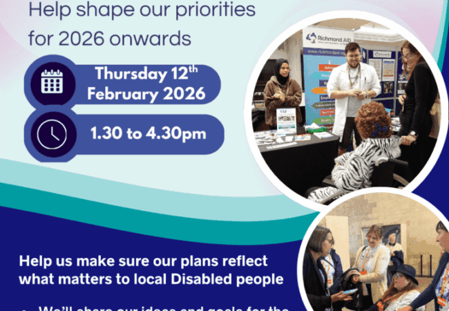 Poster for the Richmond AID Business Plan Engagement Event, Thursday 12th February 2026, 1:30–4:30 pm, at The Exchange, Twickenham. Includes photos of people talking, giving feedback, and a contact email address.