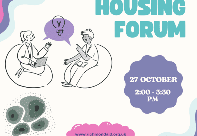 Illustration of two people sitting on beanbags with laptops, talking. Text reads Housing Forum, 27 October, 2:00-3:30 pm. Website: www.richmondaid.org.uk. Colourful abstract shapes decorate the image.