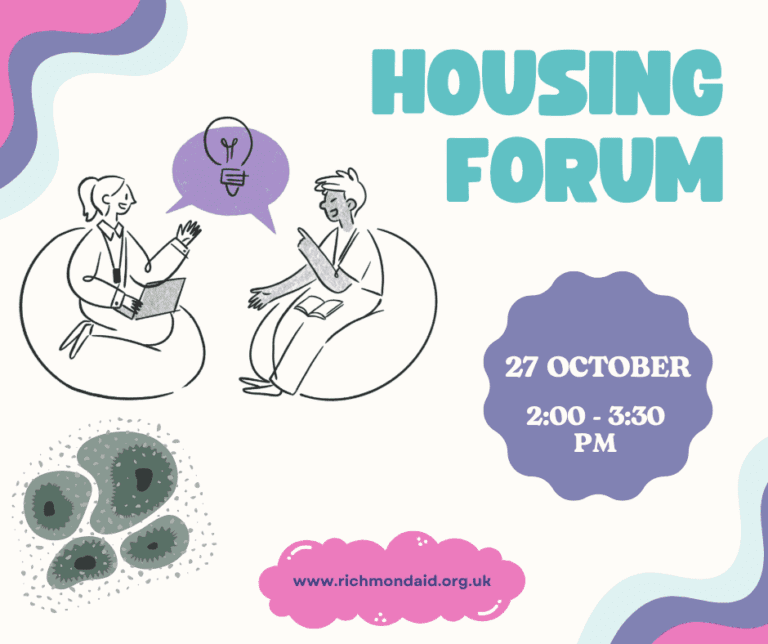 Illustration of two people sitting on beanbags with laptops, talking. Text reads Housing Forum, 27 October, 2:00-3:30 pm. Website: www.richmondaid.org.uk. Colourful abstract shapes decorate the image.