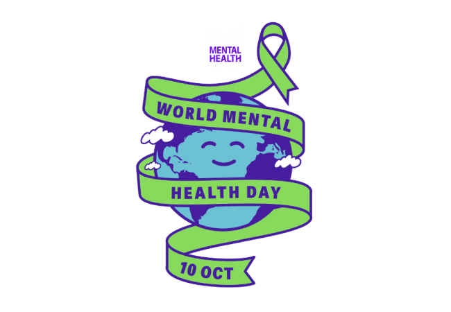 Illustration of a smiling Earth wrapped in a green ribbon reading World Mental Health Day 10 Oct, with a green awareness ribbon and a sign that says Mental Health at the top.