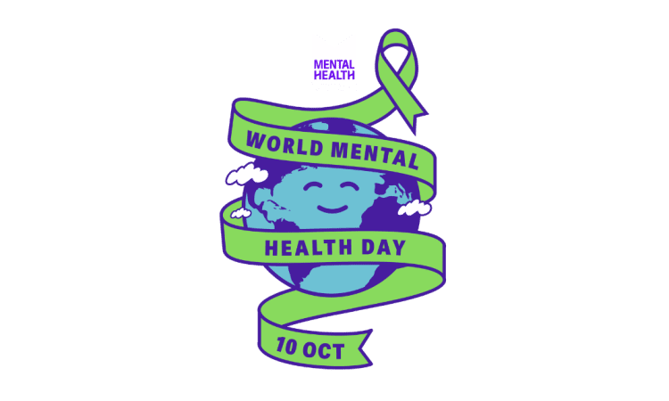 Illustration of a smiling Earth wrapped in a green ribbon reading World Mental Health Day 10 Oct, with a green awareness ribbon and a sign that says Mental Health at the top.