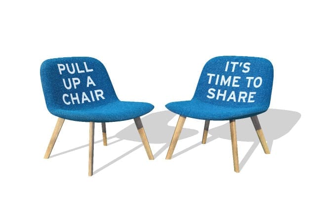 Two blue chairs with wooden legs on a white background. The left chair has PULL UP A CHAIR written on its backrest; the right chair says IT'S TIME TO SHARE.