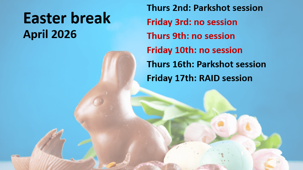 A chocolate bunny and Easter eggs are on a blue background. Text lists April 2026 Easter break events: Parkshot sessions on 2 and 16 April, no sessions on 3, 9, and 10 April, plus a RAID session with Connect to Tech April dates and topics on 17 April.
