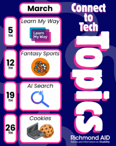 Brightly coloured poster advertising RAID’s upcoming Connect to Tech sessions for March, covering Cookies, AI Search, Learn My Way and Fantasy Sports 