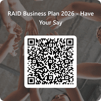 QR code over a background of raised hands, with the text: RAID Business Plan 2026 - Have Your Say at the top. Perfect for engaging your team in RAID planning and shaping future plans together.