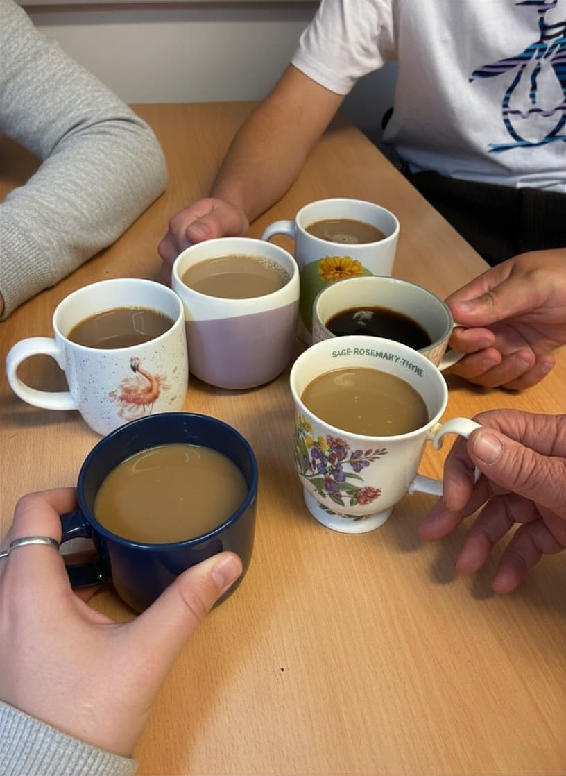 Six people sit around a table holding assorted mugs filled with tea or coffee over a wooden table -a friendly coffee session.