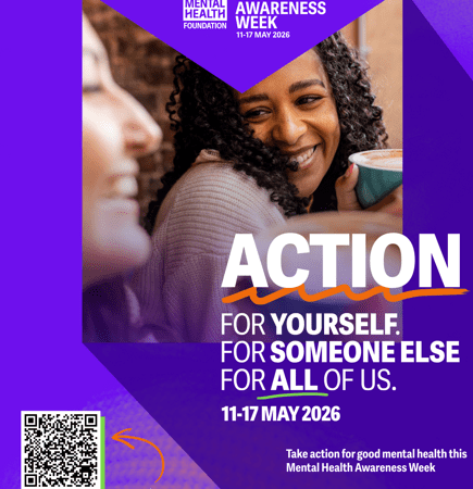 MHAW V2 Two women smiling and talking with bold text promoting Mental Health Awareness Week, 11–17 May 2026. A QR code and call to action invite sharing mental health stories and joining the campaign.