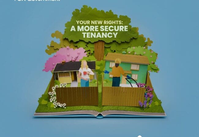 An illustrated pop-up book shows a woman and a child in front of a house and a man gardening, with text: Your new rights: A more secure tenancy. Below, text reads: The Renters' Rights Act 2025 means no-fault evictions are ending—private renting has entered a new chapter.