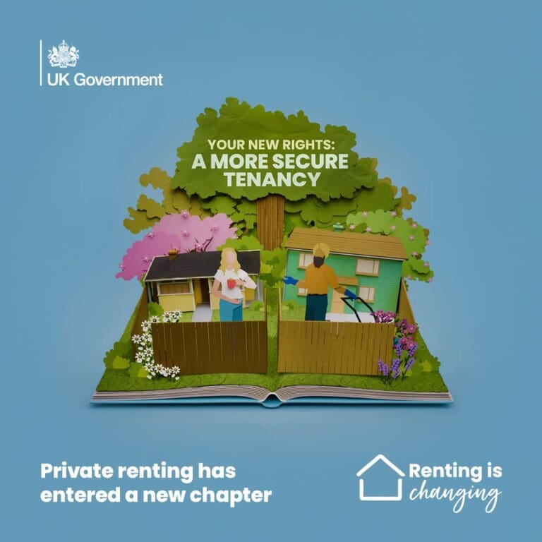 An illustrated pop-up book shows a woman and a child in front of a house and a man gardening, with text: Your new rights: A more secure tenancy. Below, text reads: The Renters' Rights Act 2025 means no-fault evictions are ending—private renting has entered a new chapter.