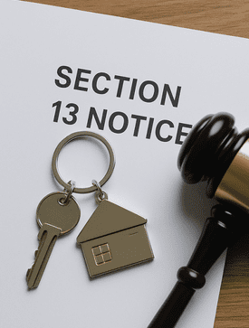 Renters Rights - Rent 18 May A paper labelled SECTION 13 NOTICE with a house-shaped keyring, a key, and part of a judge’s gavel resting on top, symbolising legal action related to housing or property under rent increase laws and renters’ rights.