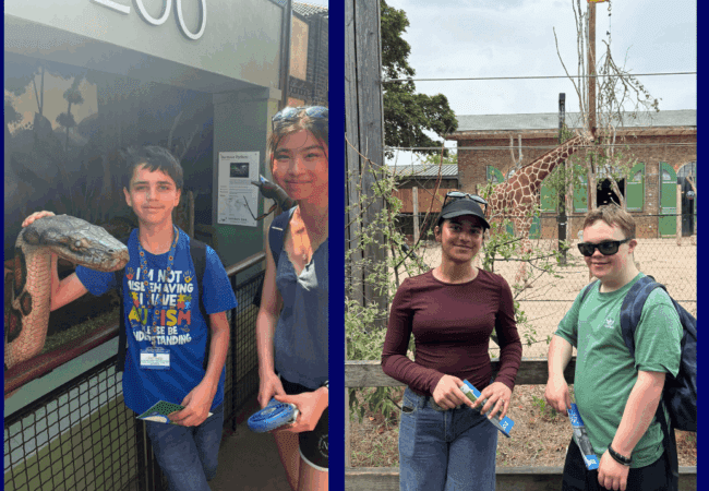 Two photos: On the left, a boy touches a tortoise model at London Zoo beside a girl. On the right, both young adults with sunglasses smile in front of a giraffe enclosure
