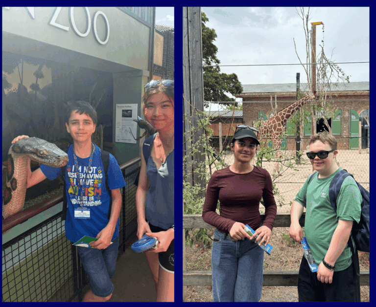 Two photos: On the left, a boy touches a tortoise model at London Zoo beside a girl. On the right, both young adults with sunglasses smile in front of a giraffe enclosure