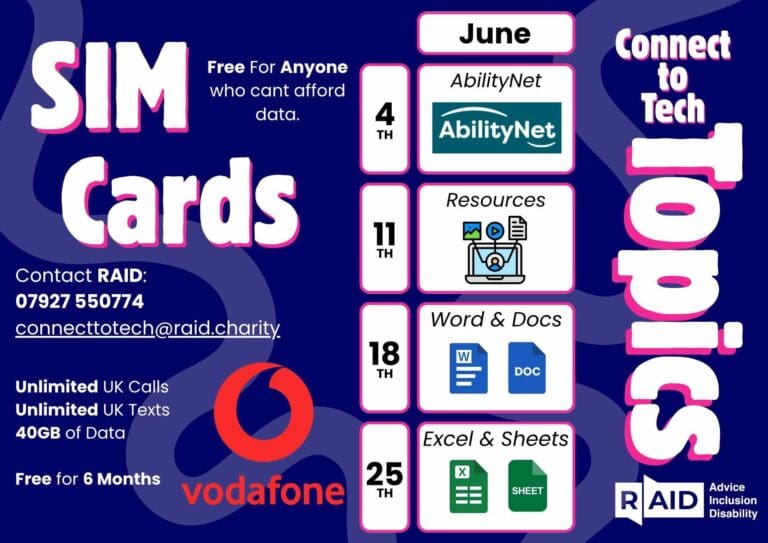 A promotional poster for RAID's Connect to Tech sessions in June, offering Free SIM Card giveaways.