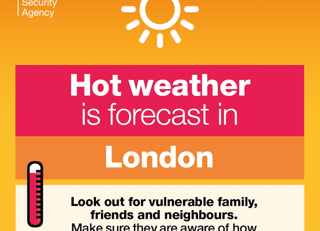 NHS Heat poster An infographic from the UK Health Security Agency issues a RED Heat Health Alert for London. It advises looking out for vulnerable people and ensuring they stay cool and hydrated. The design includes a sun icon and a thermometer.