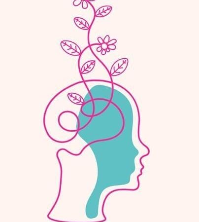 OCD pic Outline of a human head with a teal silhouette inside, symbolising an individual living with obsessive-compulsive disorder (OCD). Pink lines form flowers and leaves growing from the top, representing creativity, mental growth, and the positive impact of peer support.
