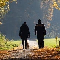 Two people and a small dog walk on a wooded path surrounded by trees with autumn leaves, sunlight streaming through the branches—a perfect moment of self-care to celebrate International Self-Care Day on 24 July.