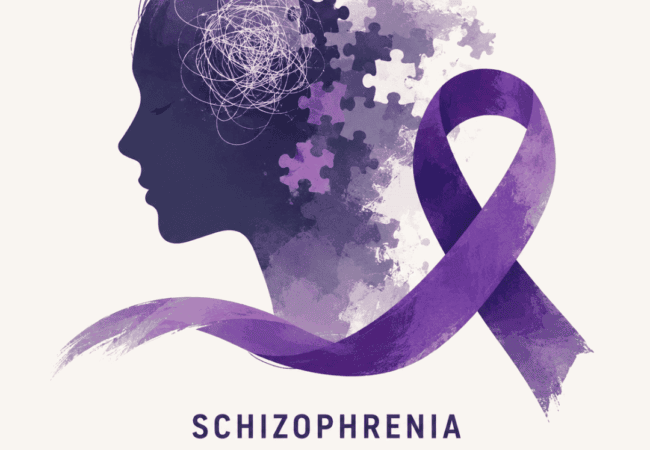 Silhouette of a head with puzzle pieces and scribbles, symbolising mental health, next to a purple ribbon. Text reads Schizophrenia Awareness, highlighting National Schizophrenia Awareness Day on 25th July.