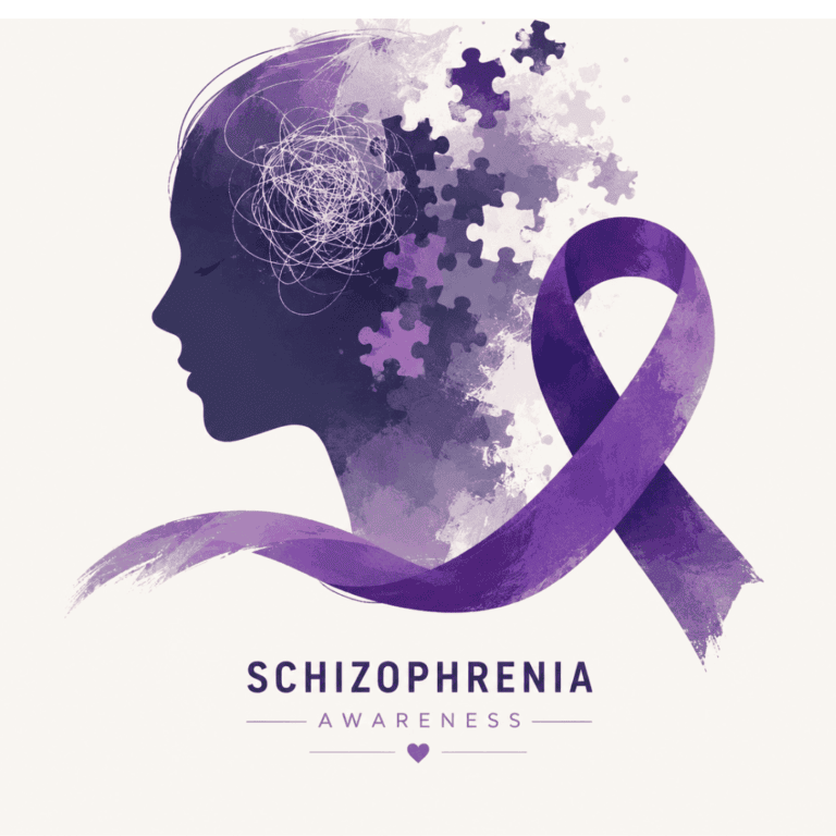Silhouette of a head with puzzle pieces and scribbles, symbolising mental health, next to a purple ribbon. Text reads Schizophrenia Awareness, highlighting National Schizophrenia Awareness Day on 25th July.