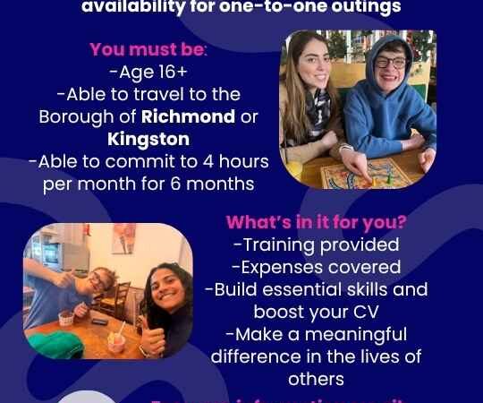 Photos show volunteers and young people playing board games and smiling. Text explains BuddyUp, a volunteer programme in Richmond or Kingston supporting Disabled young people through one-to-one outings. Volunteers are needed—contact emails are provided.