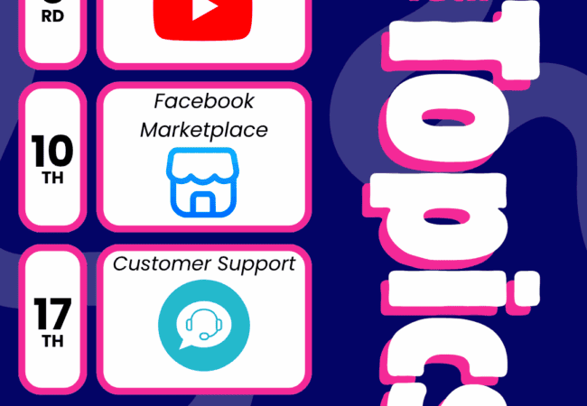 A poster for Connect to Tech Topics by RAID highlights September’s Tech Training events: 3rd Youtube, 10th Facebook Marketplace, 17th Customer Support, and 24th Price Comparison. Each date features a matching icon.