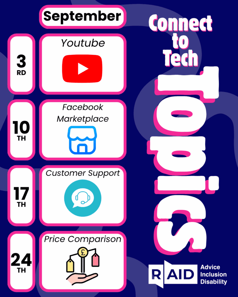A poster for Connect to Tech Topics by RAID highlights September’s Tech Training events: 3rd Youtube, 10th Facebook Marketplace, 17th Customer Support, and 24th Price Comparison. Each date features a matching icon.