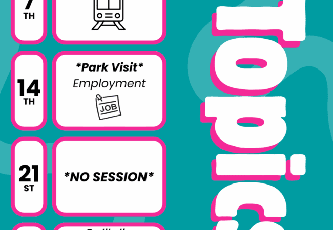 NSG Topics Aug 26 A flyer for the Neurodiverse Support Group, Peer Network NSG 18-35, in August lists weekly topics: Public Transport (7th), Park Visit/Employment (14th), No Session (21st), and Palilalia (28th). The RAID logo appears at the bottom, emphasising this inclusive space for neurodiverse individuals.