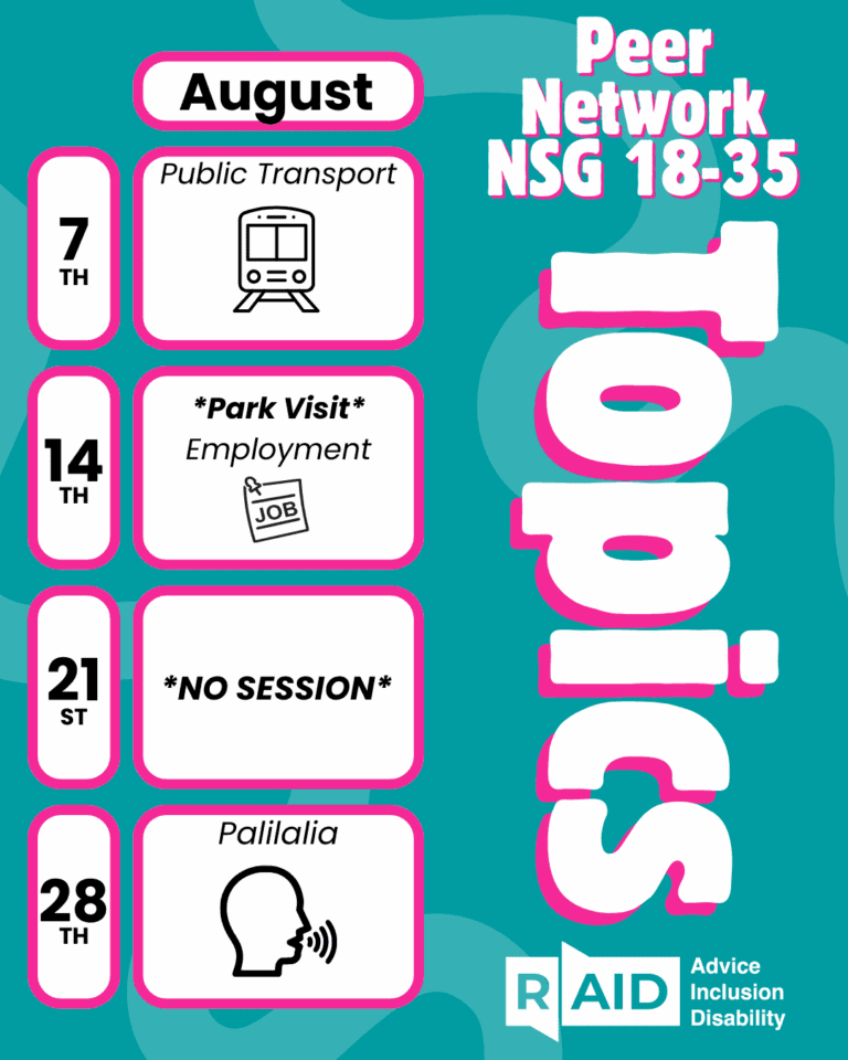 A flyer for the Neurodiverse Support Group, Peer Network NSG 18-35, in August lists weekly topics: Public Transport (7th), Park Visit/Employment (14th), No Session (21st), and Palilalia (28th). The RAID logo appears at the bottom, emphasising this inclusive space for neurodiverse individuals.