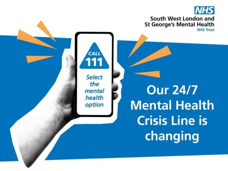 Hand holds a mobile showing Call 111, select the mental health option. NHS logo and text: South West London’s 24/7 Mental Health Crisis Line is changing to a New Number. Blue and orange graphic accents in the background.