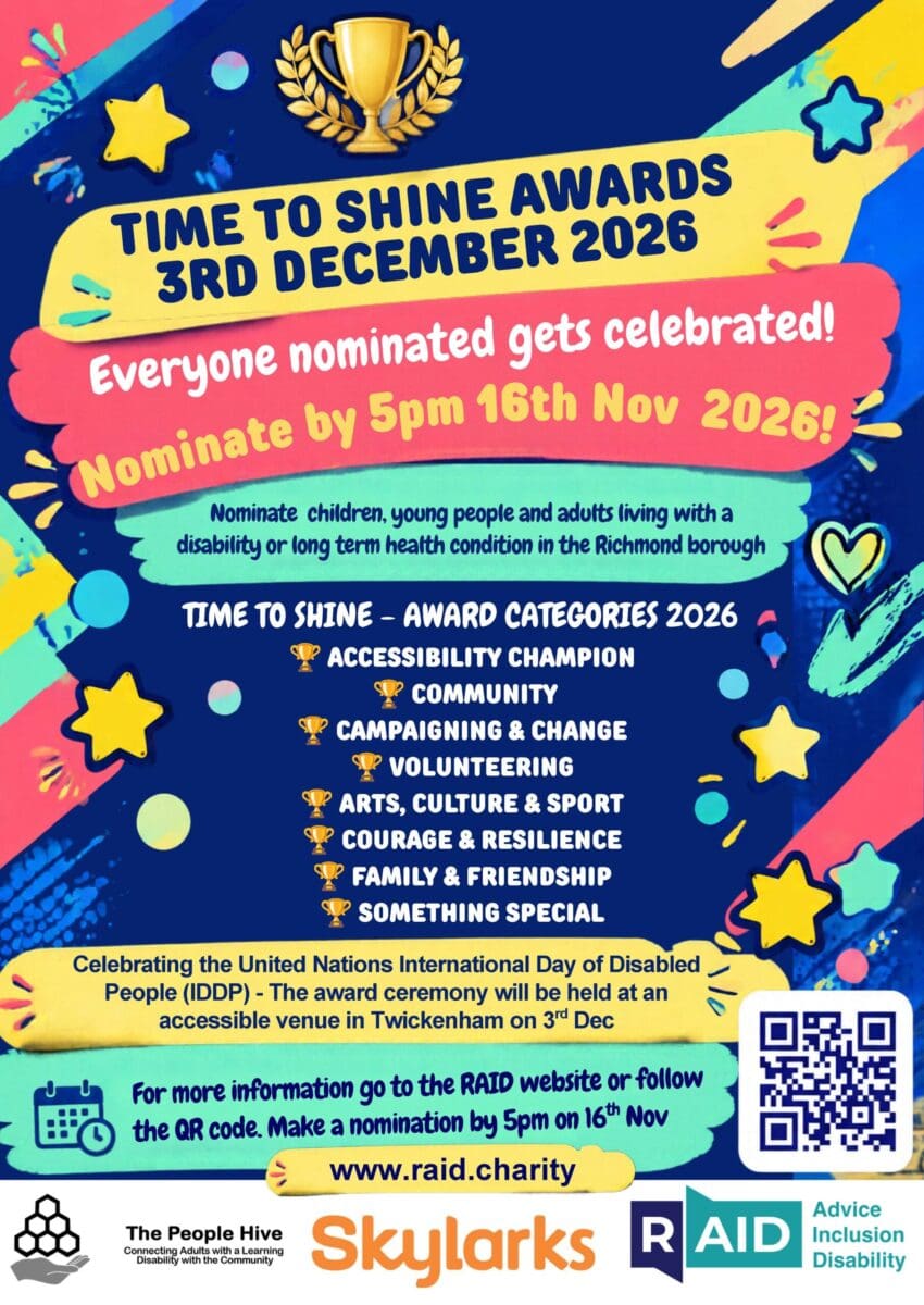 Time to Shine 2026 poster Event flyer for the 3rd December 2026 Time to Shine Awards, detailing nomination processes, award categories, and a QR code for the RAID website.